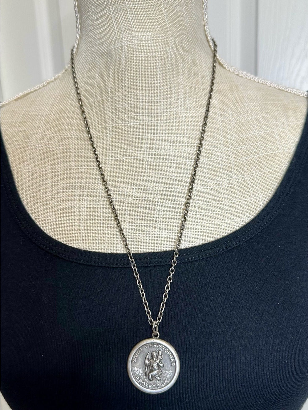 Saint Christopher Medallion Pendant Necklace - Silver Tone Patent on Clasp